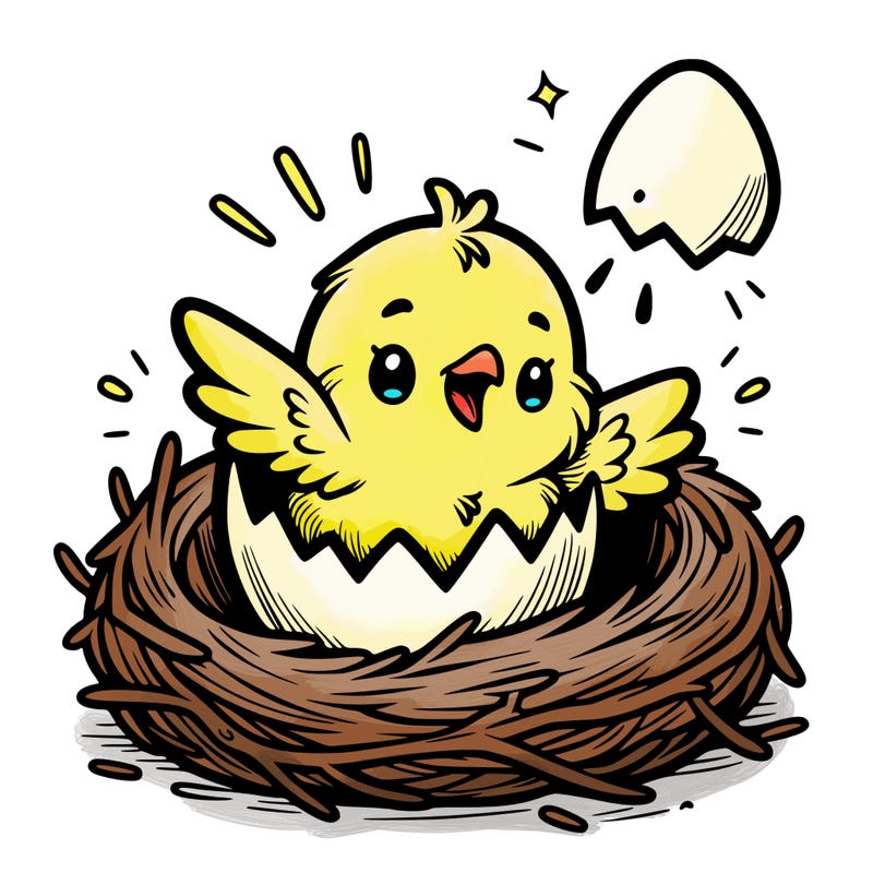 a baby chick hatching from an egg in a nest
