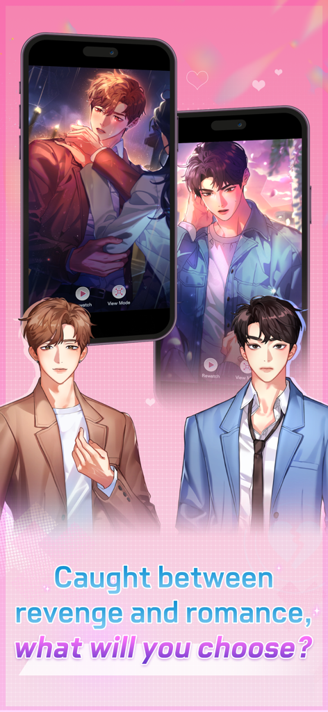 Couple Breaker: Romance Otome - カップルブレイカーゲームの2人のハンサムなアニメ男性キャラクター。携帯画面にロマンチックなストーリーの選択肢が表示されている。