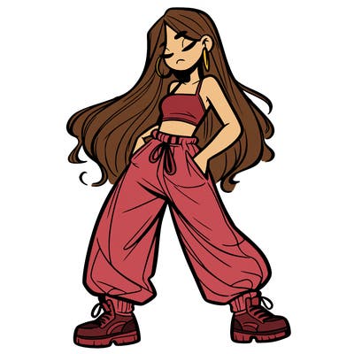 girl in baggy pants crop top and long hair