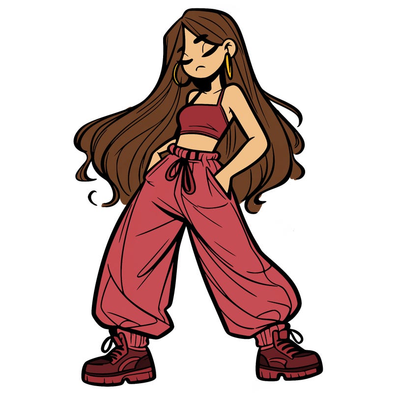 girl in baggy pants crop top and long hair