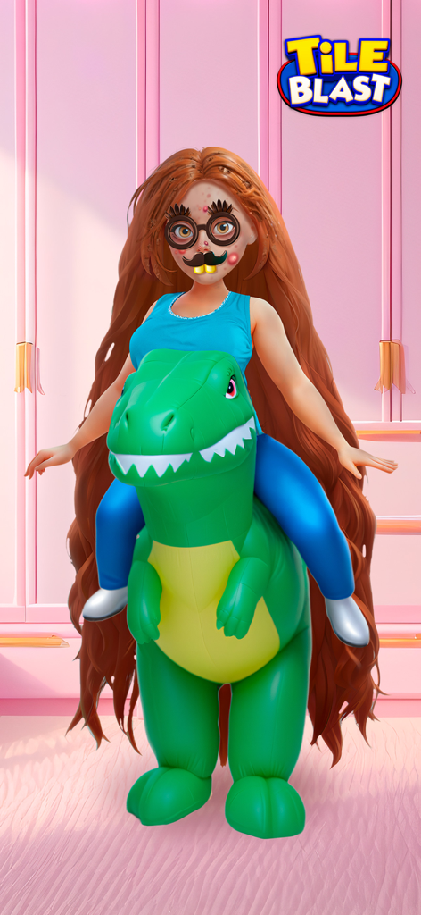 Tile Blast: ASMR Match - A female character in a green inflatable dinosaur costume from the Tile Blast game