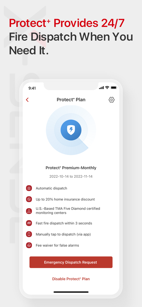 X-Sense Home Security - X-Sense Home Security app interface showing Protect Plus Plan features including 24 7 fire dispatch and insurance discounts