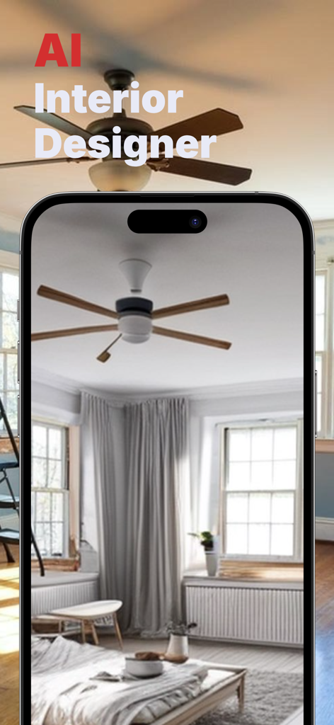 Ai Decorator - Design Snap - Smartphone screen displaying an AI room redesign with the text AI Interior Designer