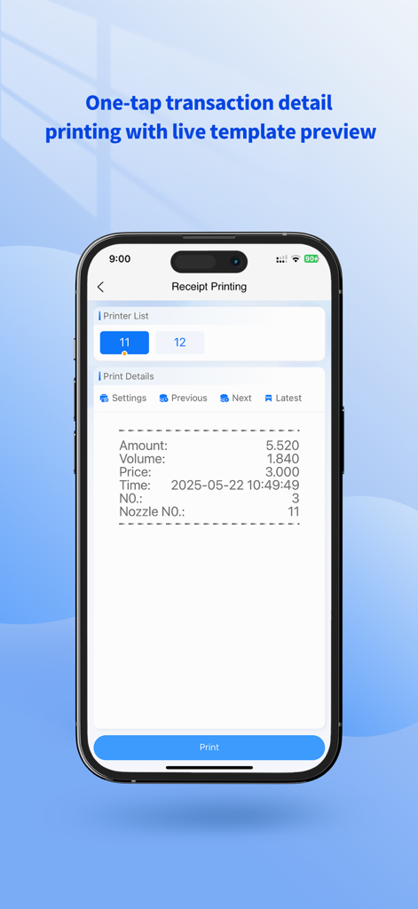LXED - LXED app interface showing a receipt printing preview with transaction details on an iPhone.