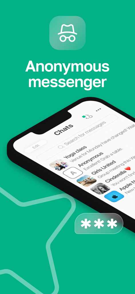 BeProg: Secure messenger - Captura de tela do aplicativo BeProg mostrando a interface do mensageiro anônimo com uma lista de chats privados e indicador de acesso seguro