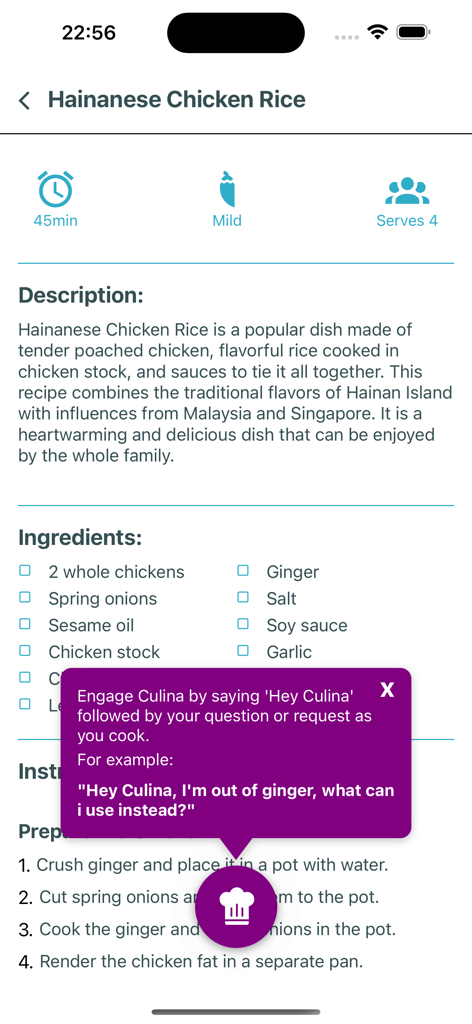 Culina: Ultimate Recipe Book - Schermata della ricetta dell'app Culina per il Pollo alla Hainanese con un tooltip per il comando vocale Aiuto Chef AI