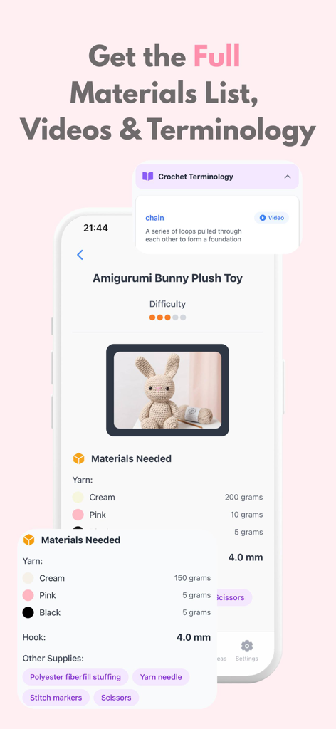 Crochet AI: Crochet Patterns - Crochet AI app screen showing a materials list and crochet terminology for an Amigurumi bunny plush toy project
