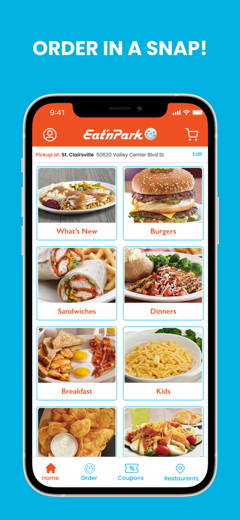 Eat n Park mobile app menu showing food categories like burgers sandwiches and breakfast