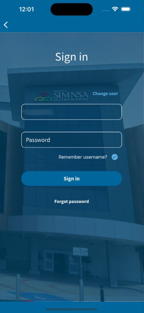 SIMNSA mobile app sign in screen with a hospital building in the background