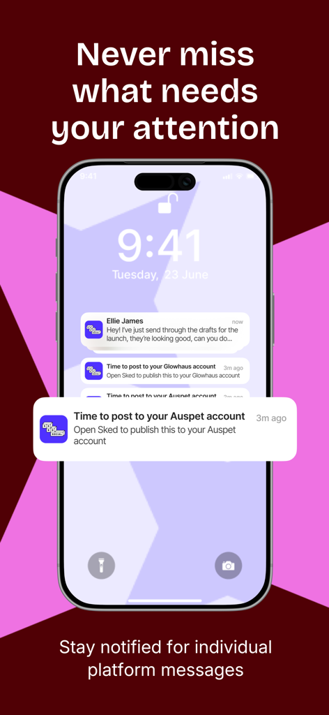 Sked Social - Mobile push notifications from Sked Social app on an iPhone showing social media post reminders and team messages.