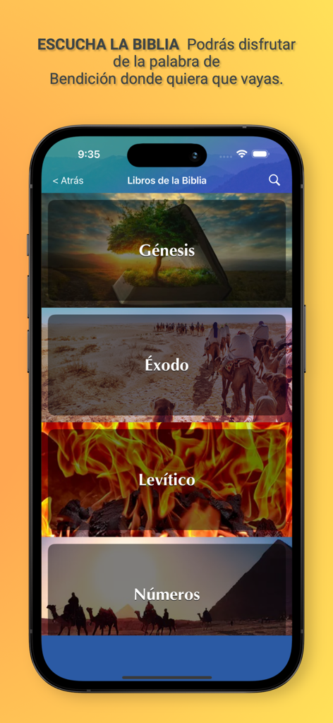 Biblia Hablada en Audio - 創世記や出エジプト記などの聖書の本のリストと説明的な画像を表示するオーディオ聖書アプリの画面