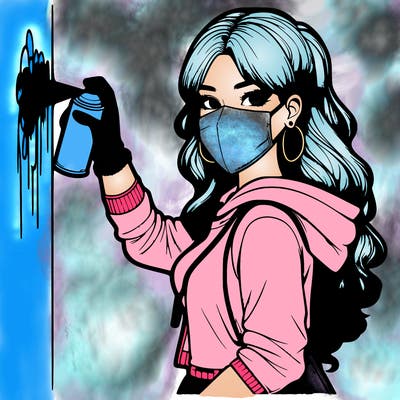 realistic girl with mask spray painting a wall