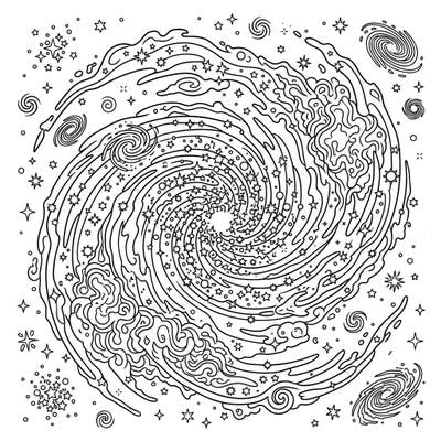 Unleash your creativity with this stunning Starburst Galaxies coloring page, featuring a vibrant cosmic scene of rapid star formation. Immerse yourself in a universe of swirling energy, distant stars, and glowing gas clouds, perfect for an engaging artistic adventure.