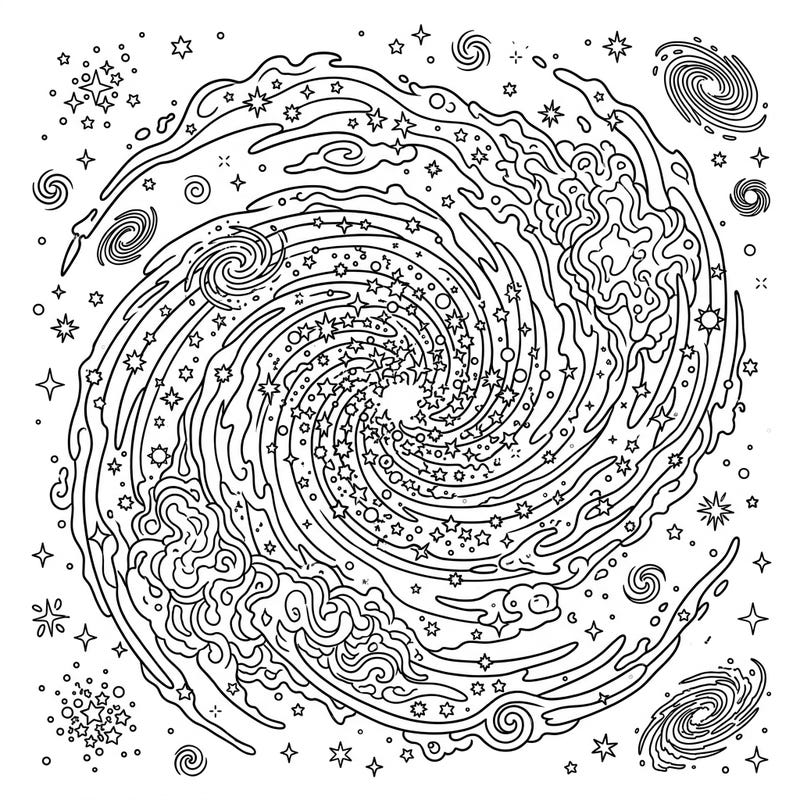 Unleash your creativity with this stunning Starburst Galaxies coloring page, featuring a vibrant cosmic scene of rapid star formation. Immerse yourself in a universe of swirling energy, distant stars, and glowing gas clouds, perfect for an engaging artistic adventure.