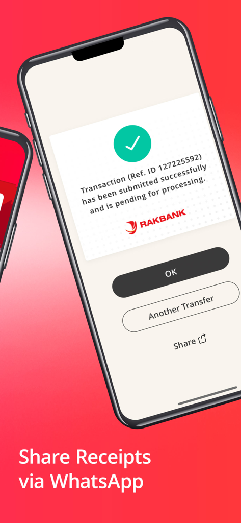RAKBANK Business - Transaction confirmation screen on the RAKBANK Business mobile app highlighting the option to share receipts via WhatsApp