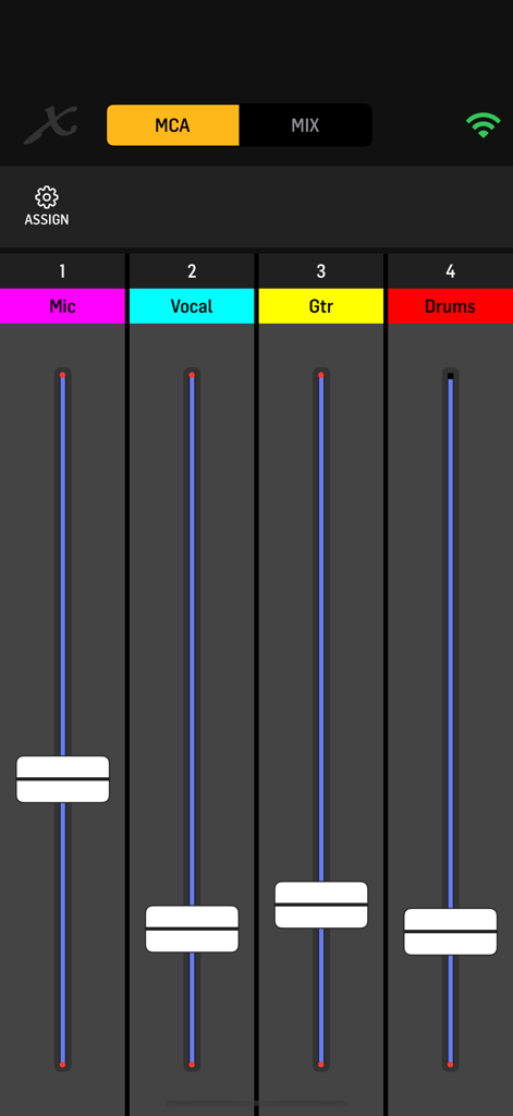 MX-Q mobile app interface showing four MCA group faders for microphone vocal guitar and drums monitoring