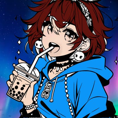 hot baddie anime girl drinking boba and biting the straw