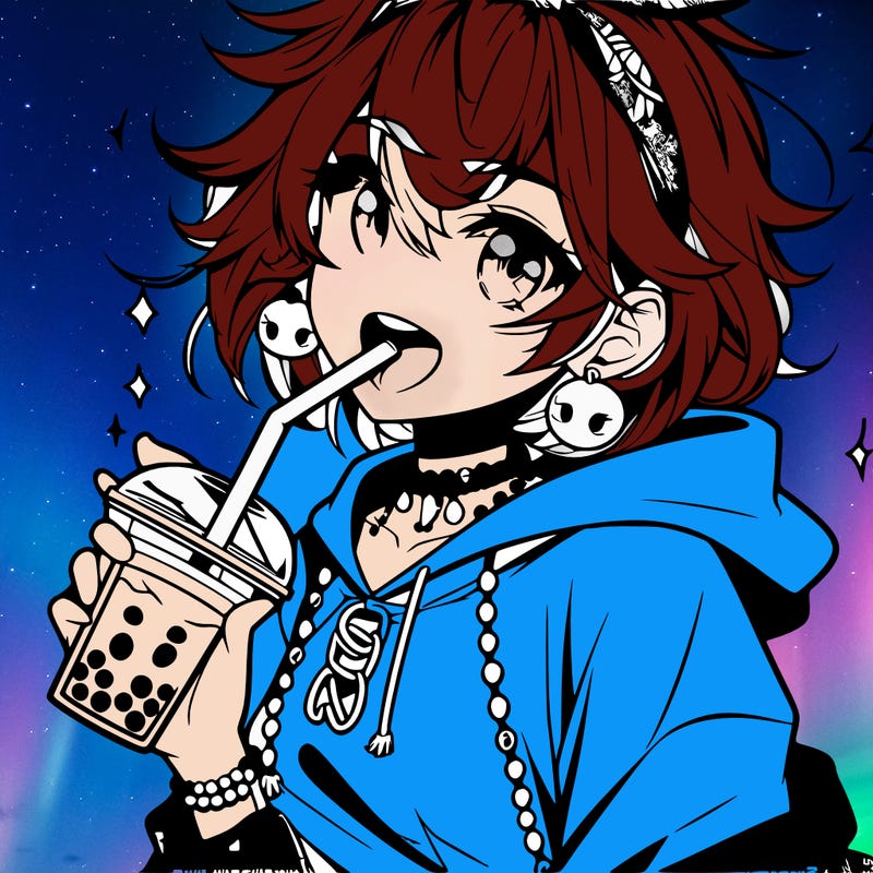 hot baddie anime girl drinking boba and biting the straw