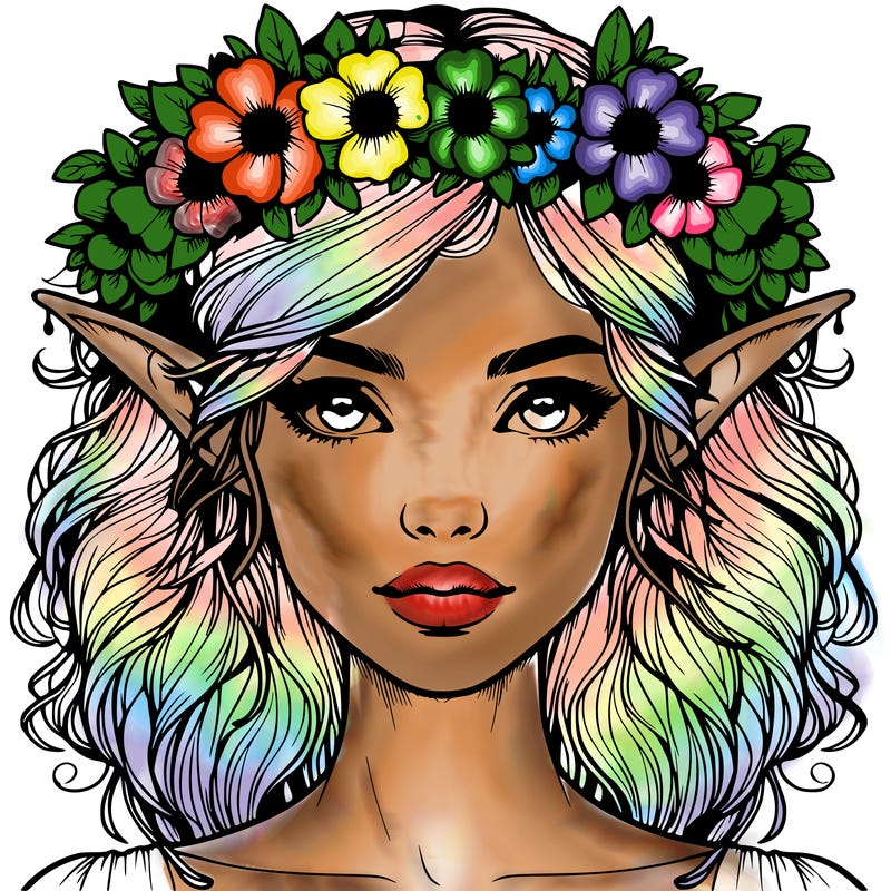 realistic female elf with flower crown