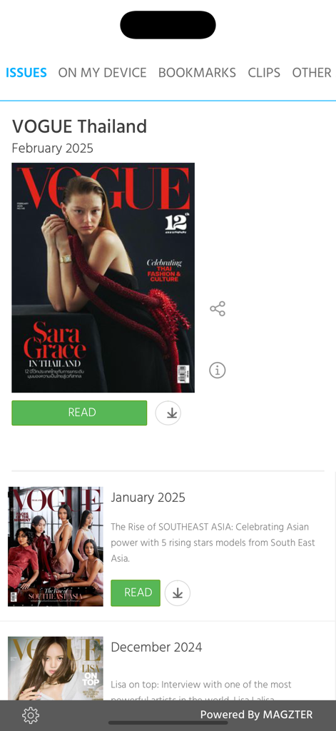 VOGUE Thailand - A list of digital magazine covers in the VOGUE Thailand app featuring monthly issues from December 2024 to February 2025.