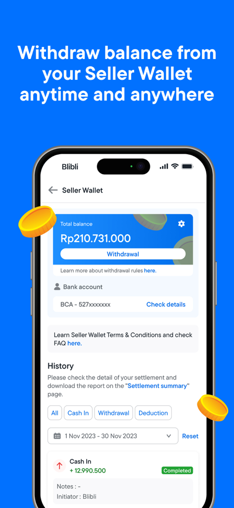Blibli Seller Center - Interface of Blibli Seller Center app showing seller wallet balance and withdrawal section