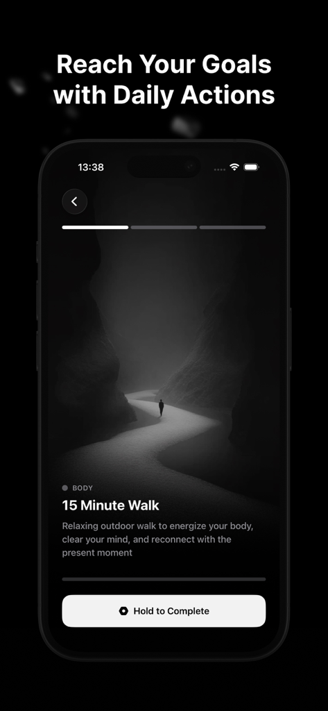 DoReset: Reset Your Life - A smartphone screen displaying a 15 minute walk daily action in the DoReset app.