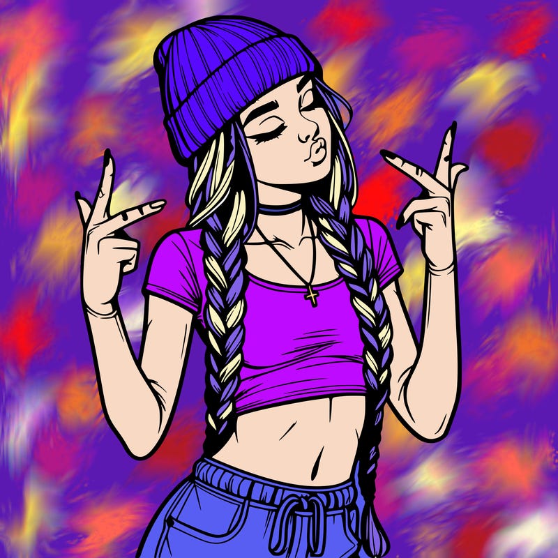 realistic teenage girl with braids and a beanie and crop top doing 🫶🏼
