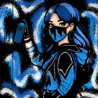 realistic girl with mask spray painting a wall