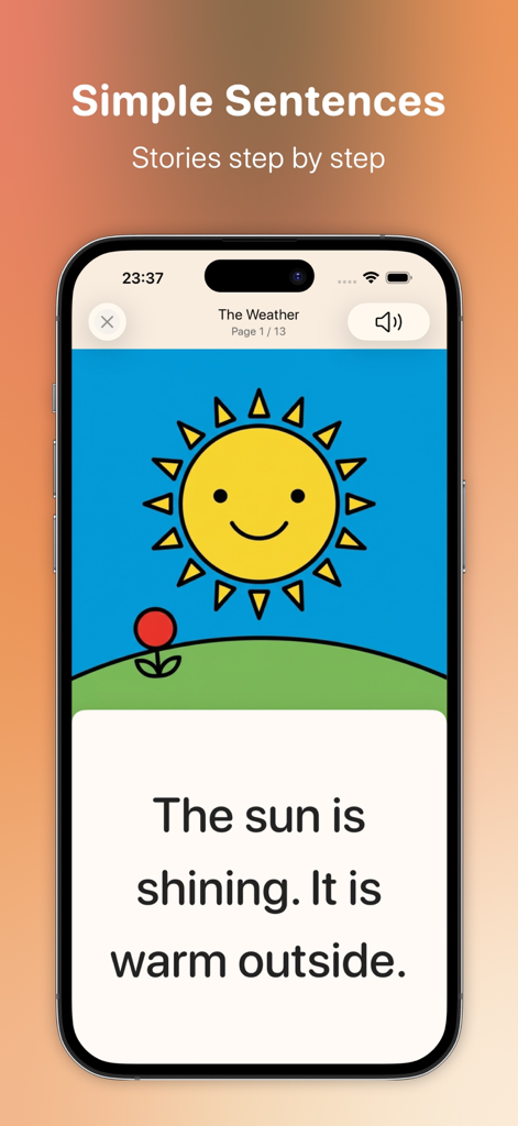 JOSY - Books for Every Child - Pantalla de la aplicación JOSY que muestra oraciones de lectura simples y una colorida ilustración de un sol para niños.