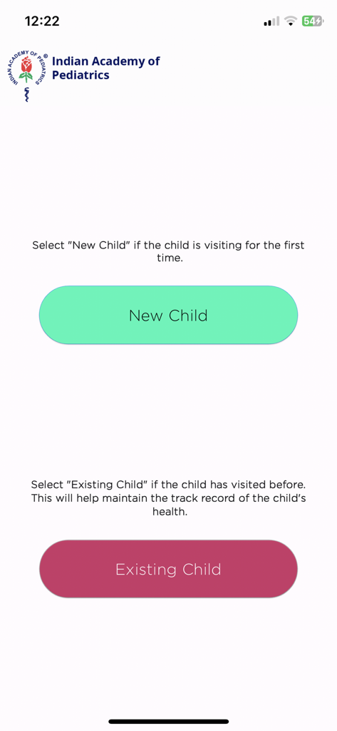 IAP Growth Charts - IAP Growth Charts app welcome screen with options for New Child or Existing Child profiles
