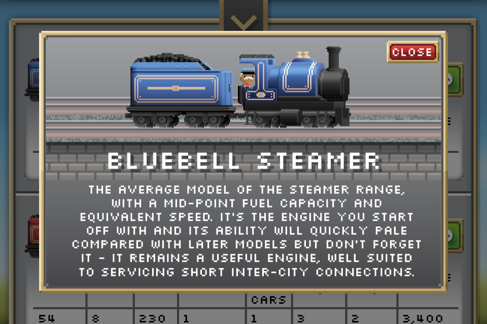 A detailed profile of the Bluebell Steamer engine within The Official Guide to Pocket Trains app.