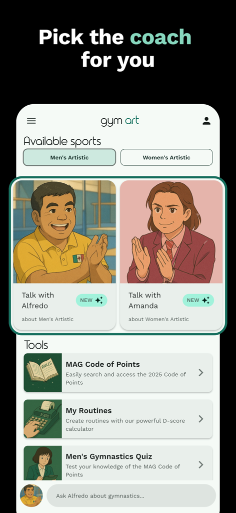 Gym Art - Gym Art app interface showing virtual coaches Alfredo and Amanda for men and women artistic gymnastics