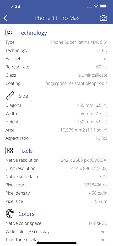 Printer Discover - Technical specifications screen showing display and hardware details for an iPhone 11 Pro Max in the Printer Discover app.
