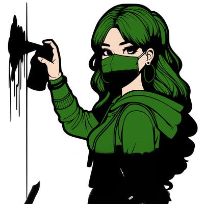 realistic girl with mask spray painting a wall