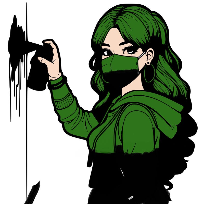 realistic girl with mask spray painting a wall