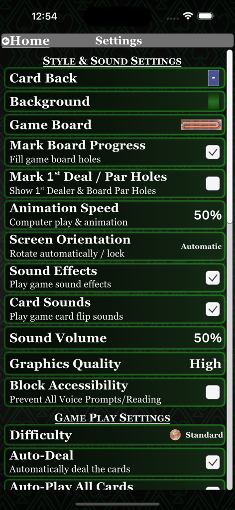 Settings menu in Cribbage Pro showing style sound and gameplay customization options