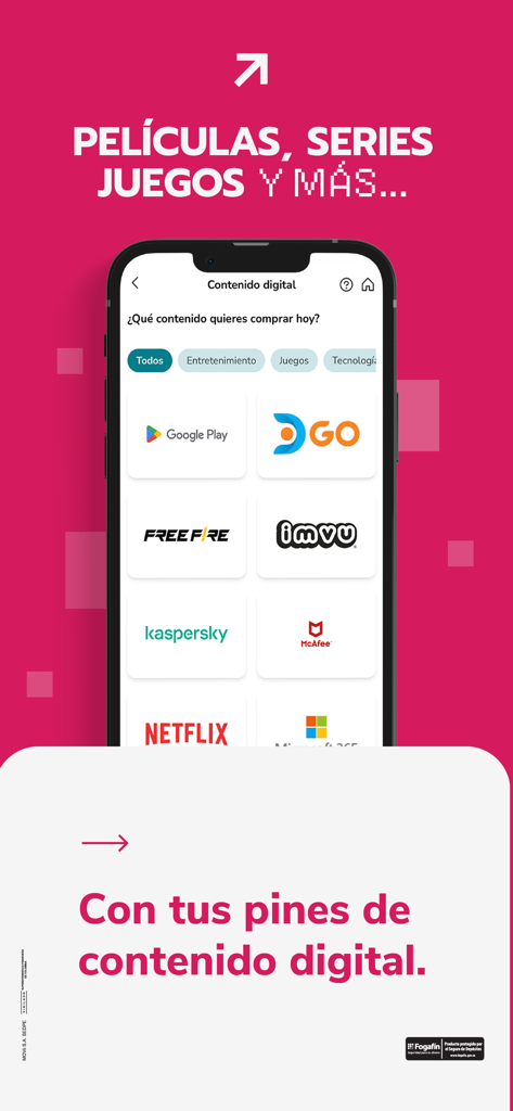 MOVii - Interfaz de la aplicación móvil MOVii que muestra opciones para comprar pines digitales para Netflix, Google Play y juegos