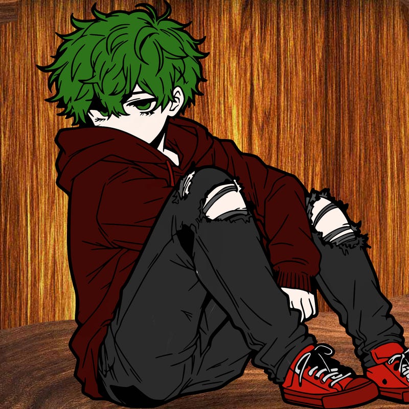 a male hoddie ripped jeans messy hair anime