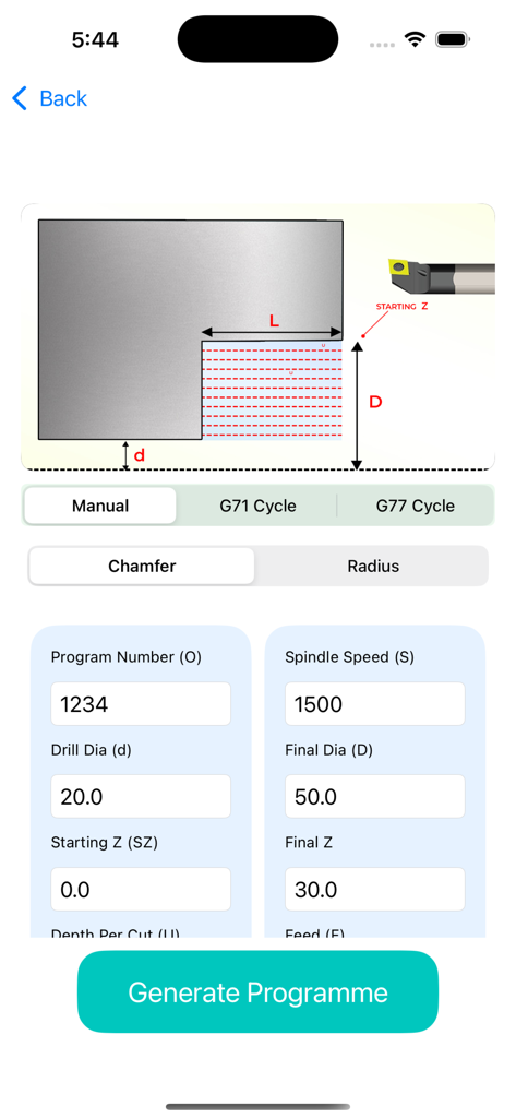 Cnc Turning Programming Pro - CNC turning programming app interface showing G71 cycle input parameters and toolpath diagram