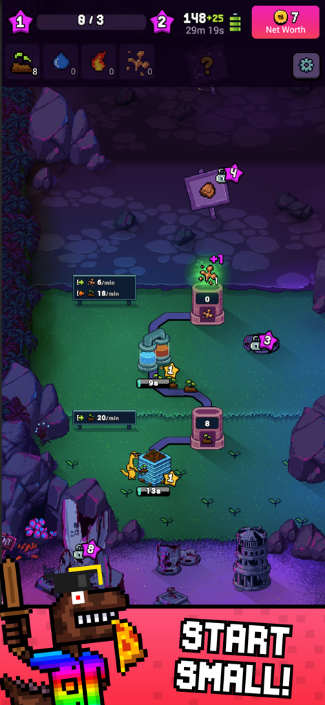 Capture d'écran du gameplay de Craft World Builder montrant un personnage dinosaure gérant une ligne de production automatisée avec le texte "Start Small".