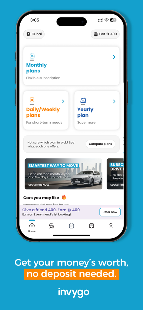 인비고 모바일 앱 홈 화면, 보증금 없는 유연한 월간 및 주간 자동차 렌탈 구독 플랜 표시