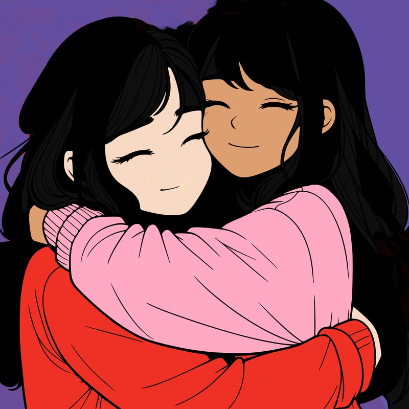 realistic two girls hugging