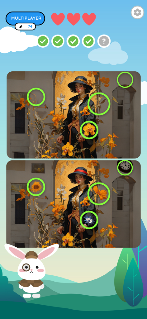 Gameplay screenshot of Spot the Differences XXL showing a picture puzzle with highlighted differences and a detective rabbit mascot
