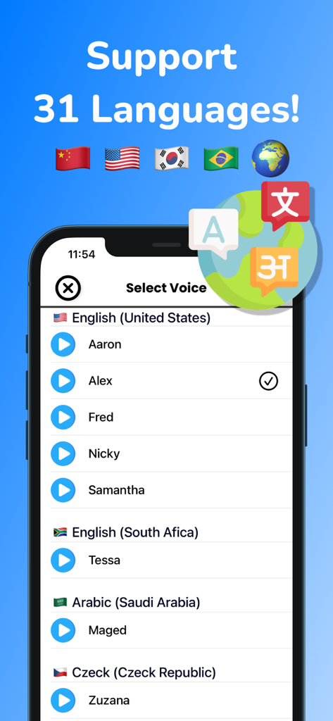 Tela mostrando o menu de seleção de voz do aplicativo Voice Aloud Reader com suporte para 31 idiomas.
