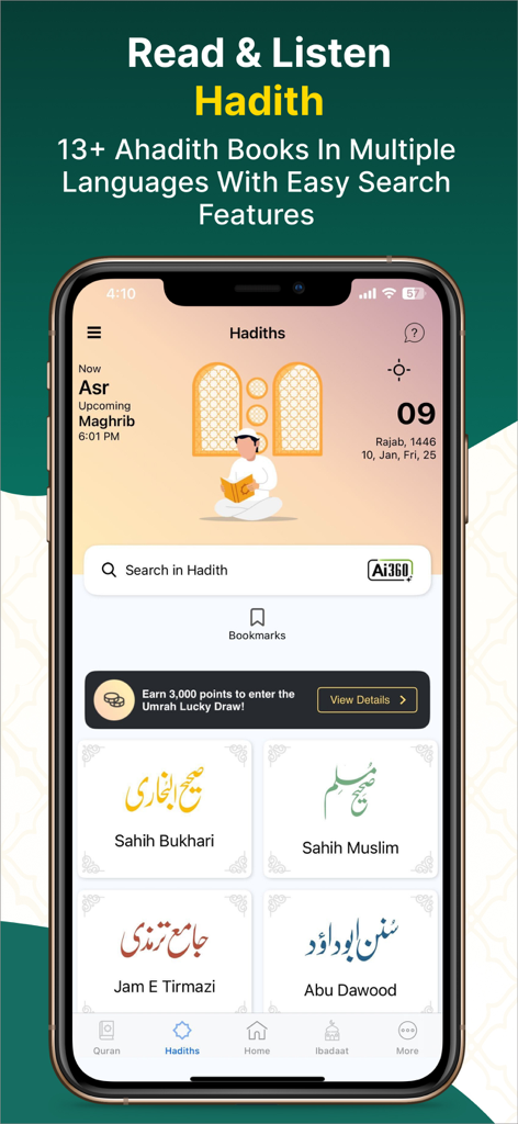 Islam360: Quran Hadith Qibla - Islam360 mobile app interface showing a collection of authentic Hadith books including Sahih Bukhari and Sahih Muslim with search and bookmark features.