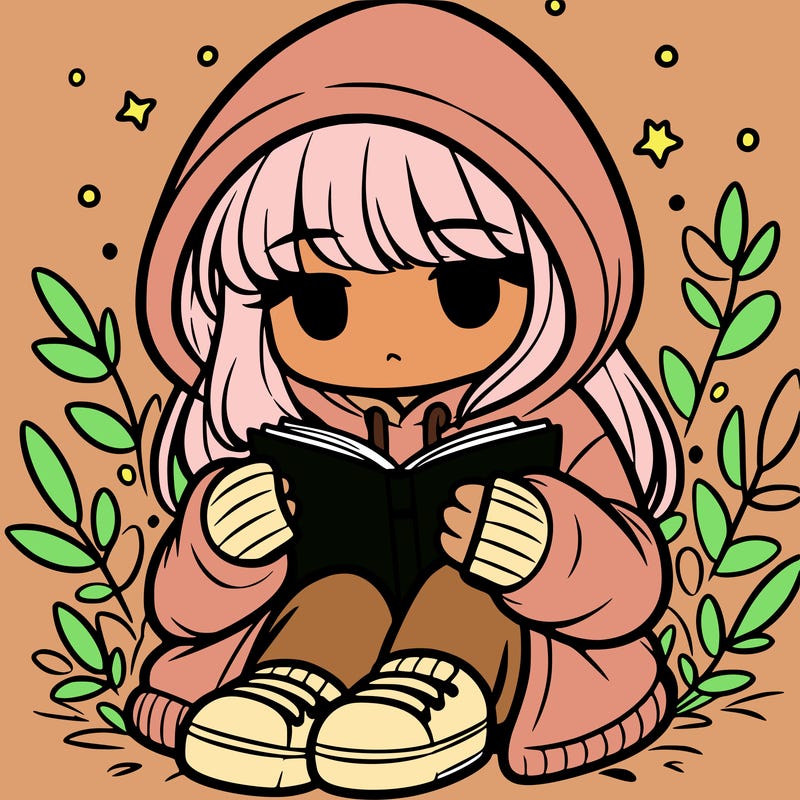 girl in oversized hoodie reading a book