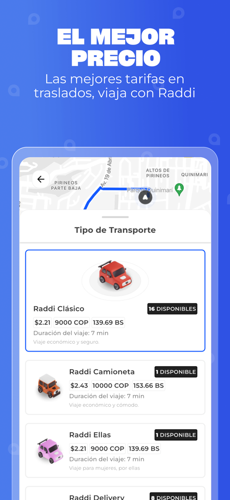 Raddi app screen showing various ride options and competitive pricing