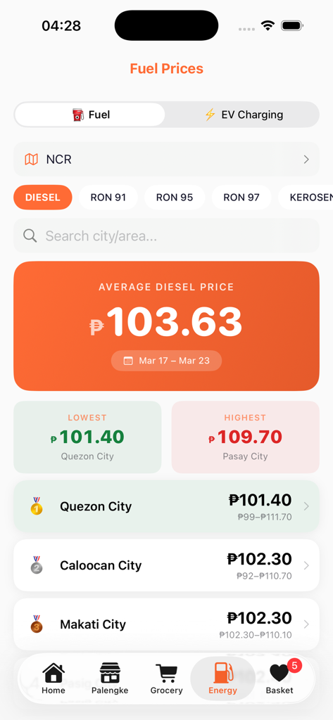 AnoMura — Price Tracker PH - Fuel price tracking interface showing diesel costs by city in the Philippines