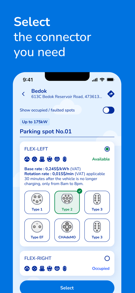 Interfaz para seleccionar tipos de conectores de vehículos eléctricos como Tipo 2 y CHAdeMO en la aplicación TotalEnergies Charge Singapur.