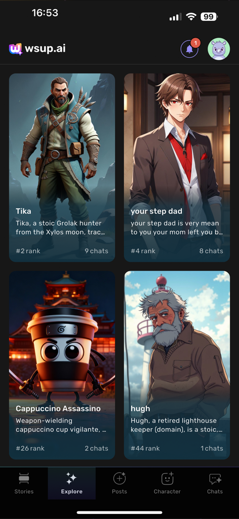 wsup.ai - A grid of lifelike AI characters in the wsup.ai app explore section including a hunter and an anime character.